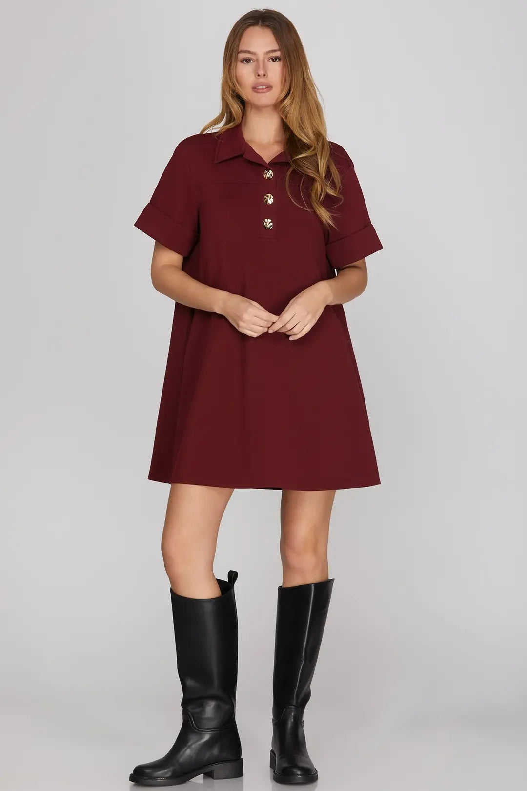 Collared Short Sleeve Short Dress Wine