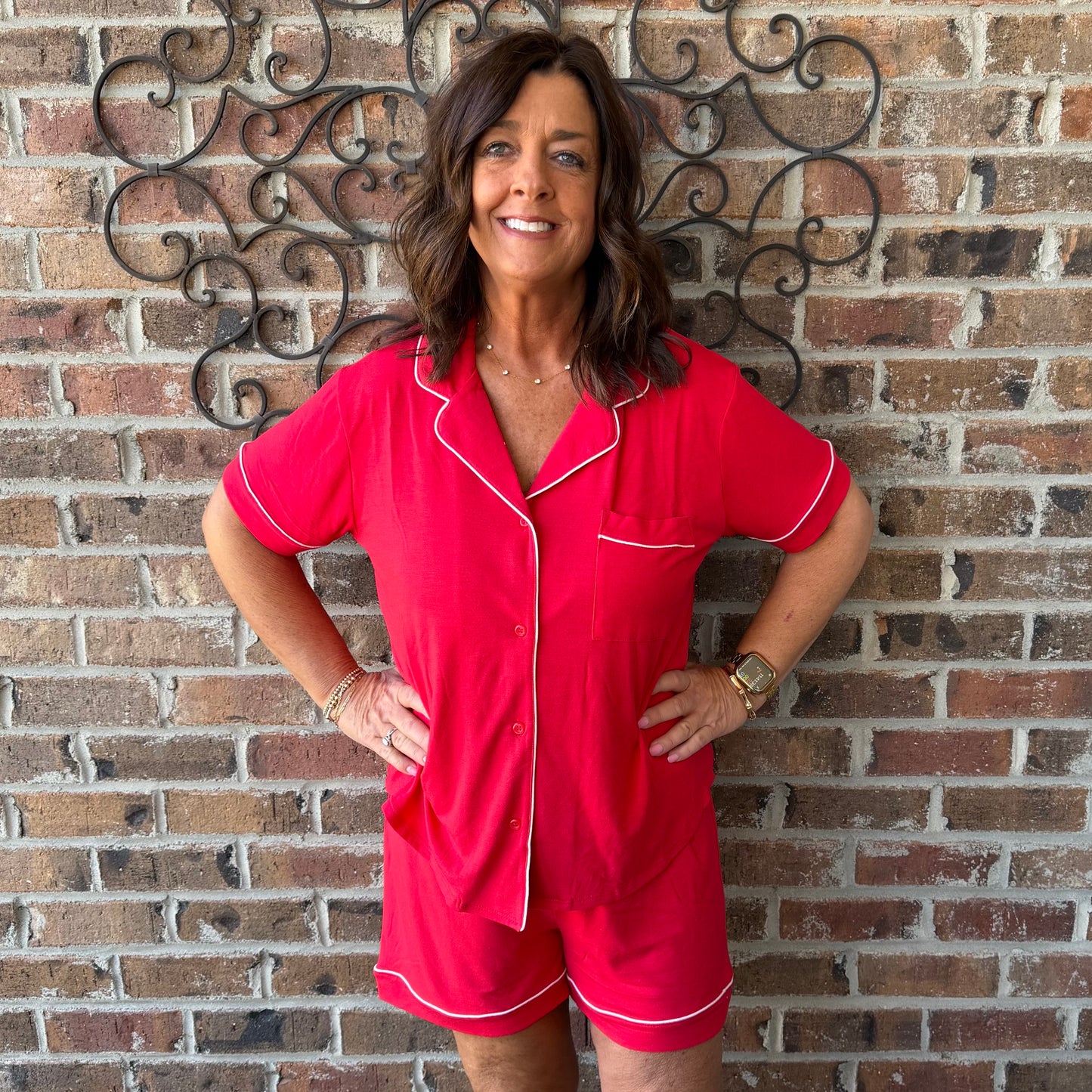 Red Two Piece Pajamas Shorts Set