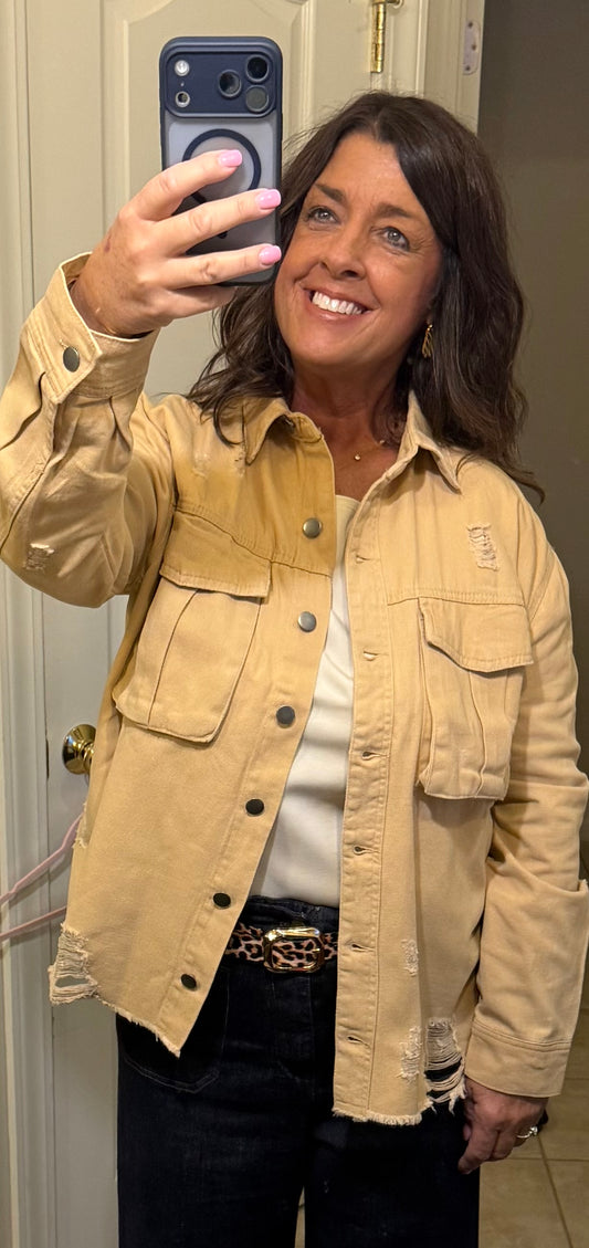 Beige LS Distressed Button Down Jacket