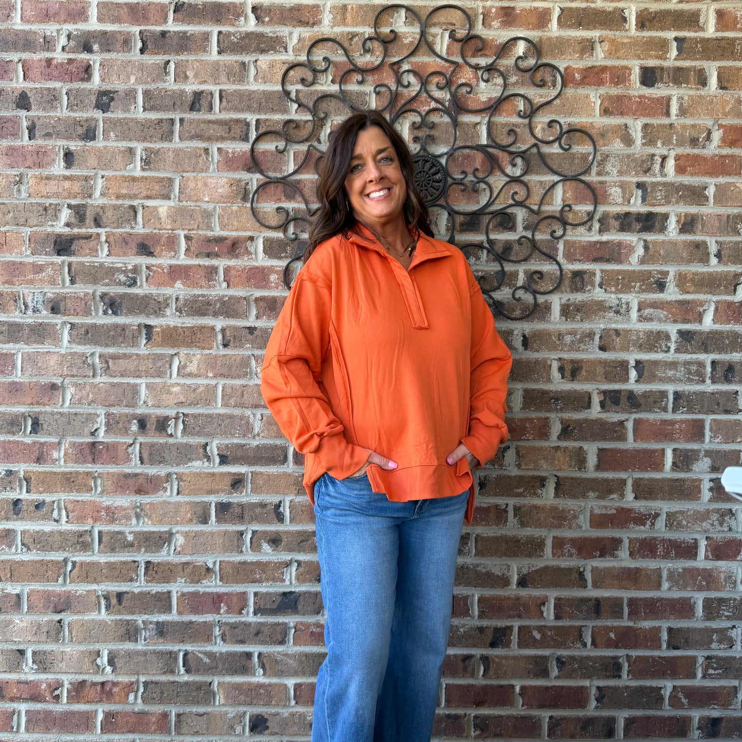 Orange Solid Collared Pullover