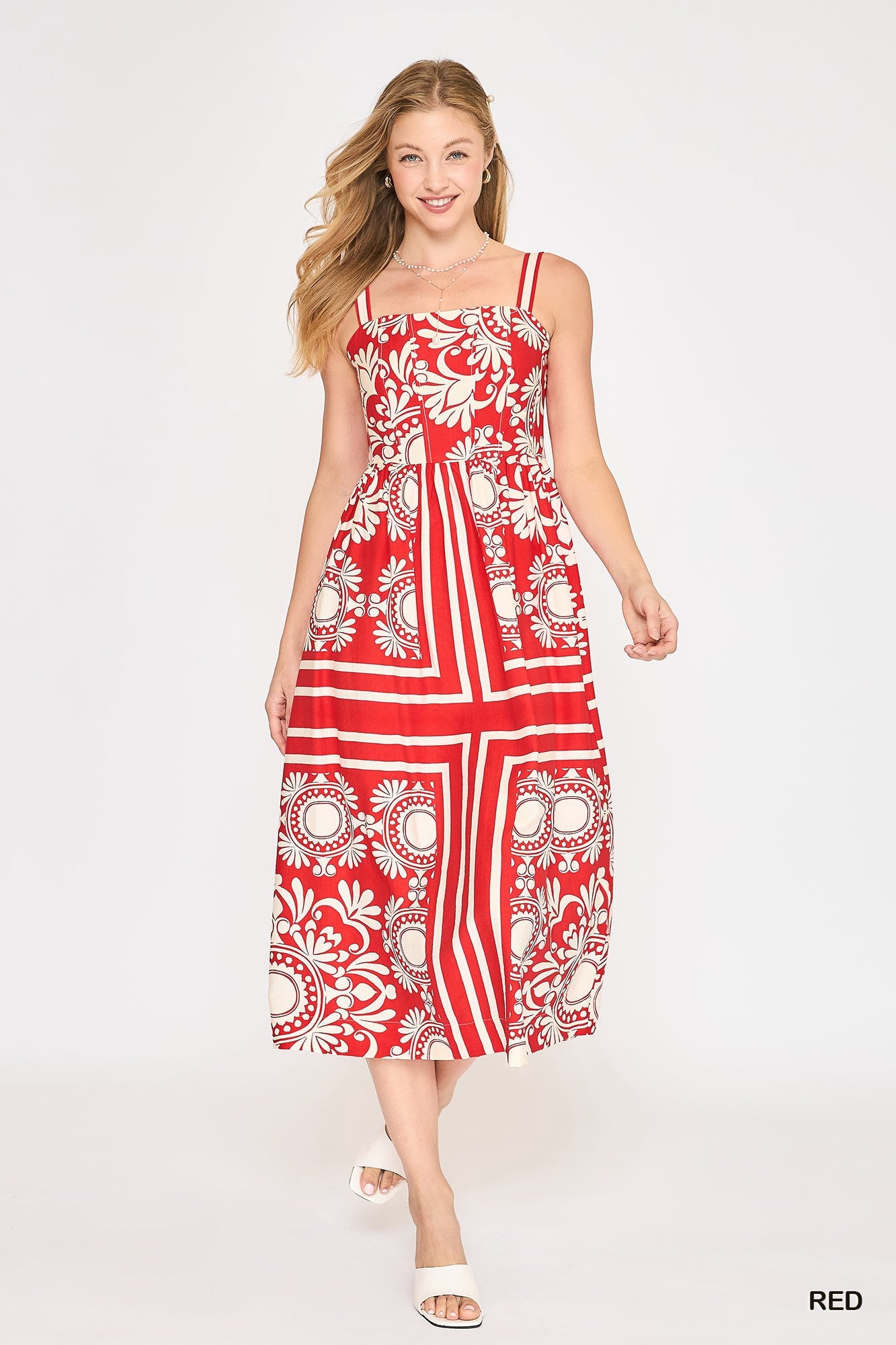 Two Tone Print Midi Dress-Red