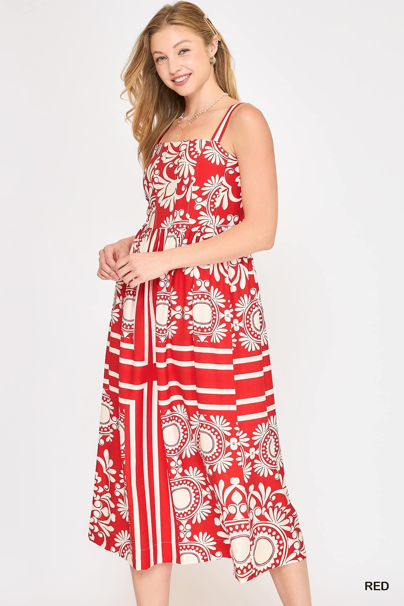 Two Tone Print Midi Dress-Red