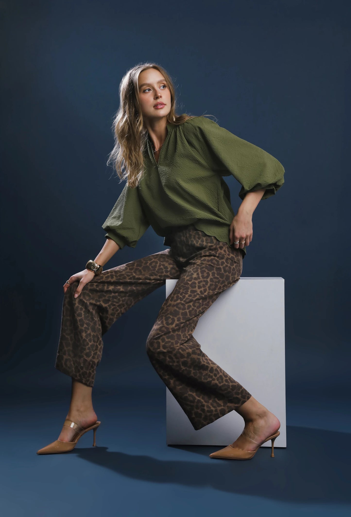 Olive Bubble Sleeve Top