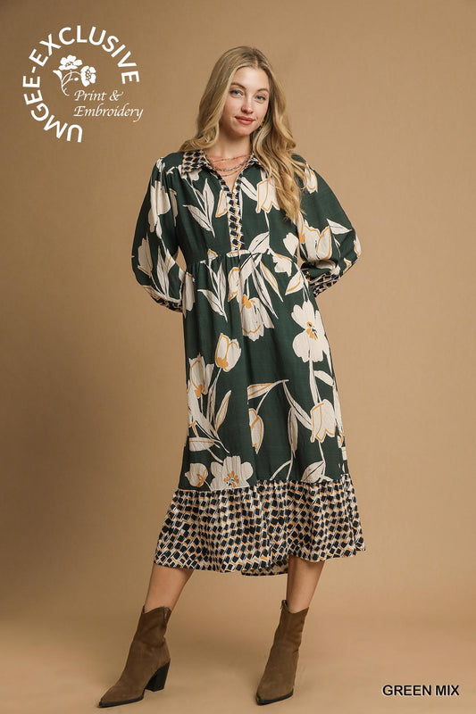 Green Mix MIdi Floral Dress