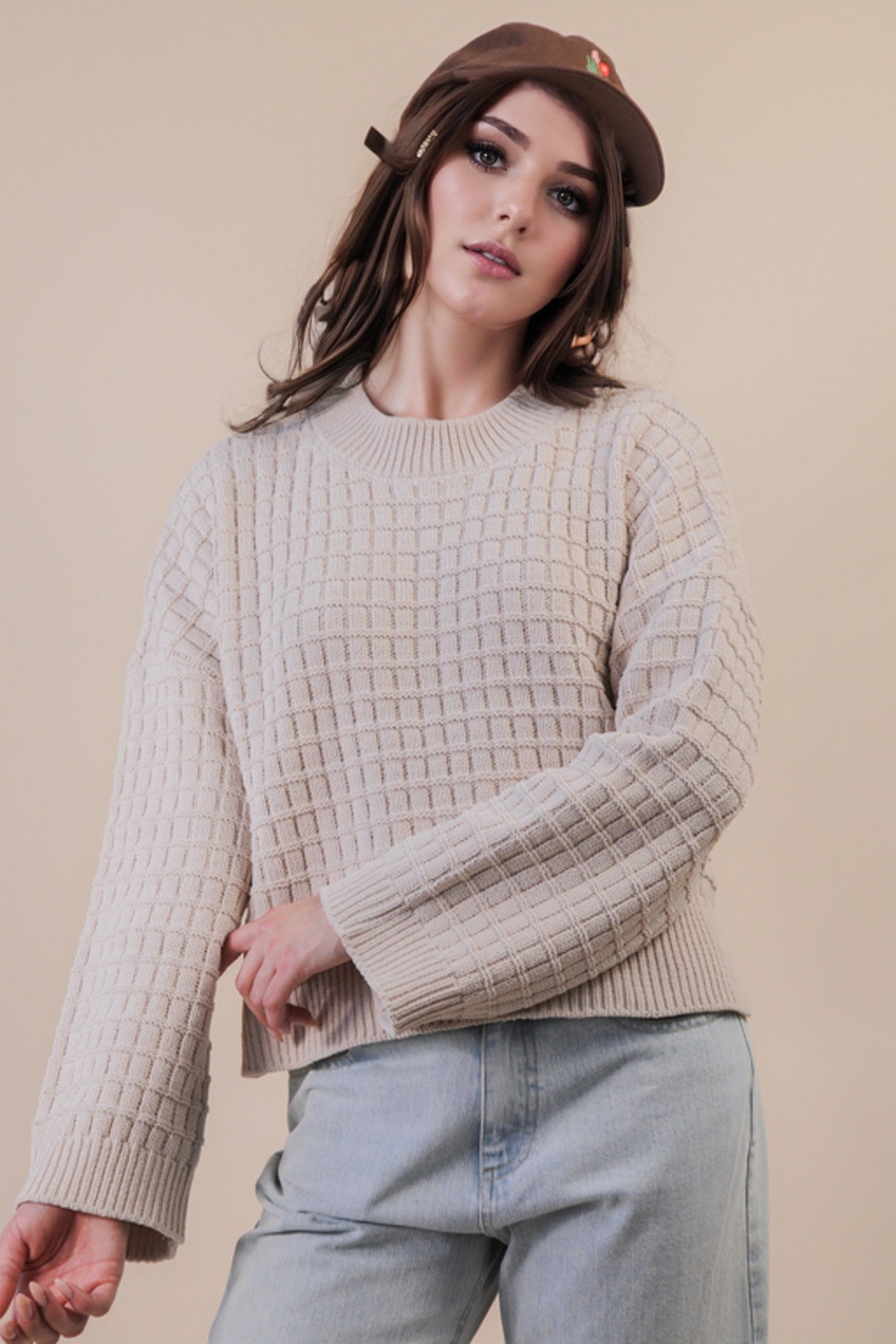 Oversized Textured Solid Casual Knit Sweater Top-Beige