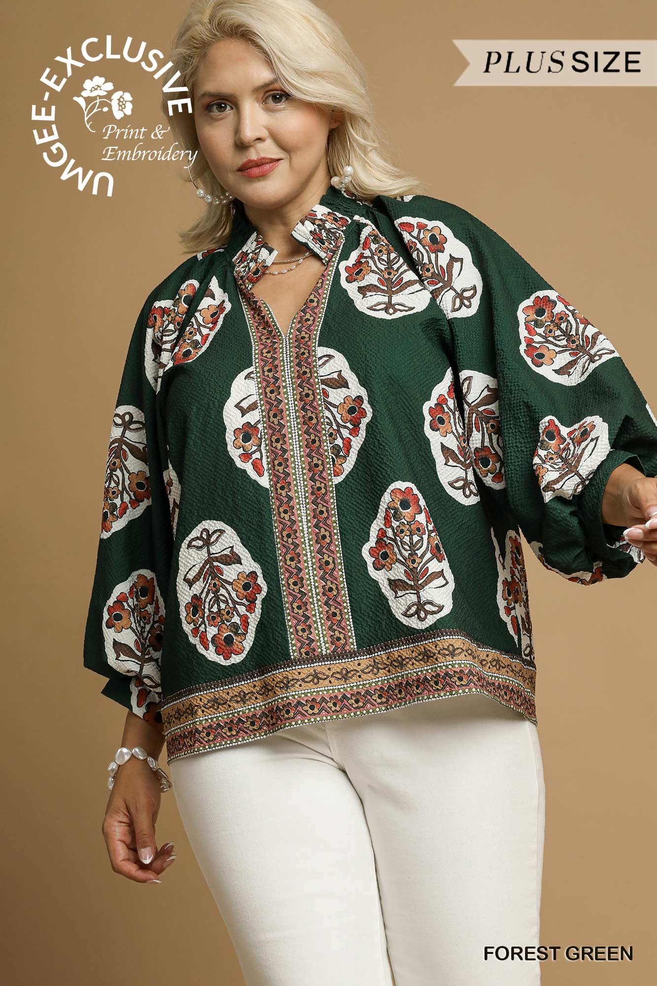 Forest Green Boho Floral Print Tunic Top