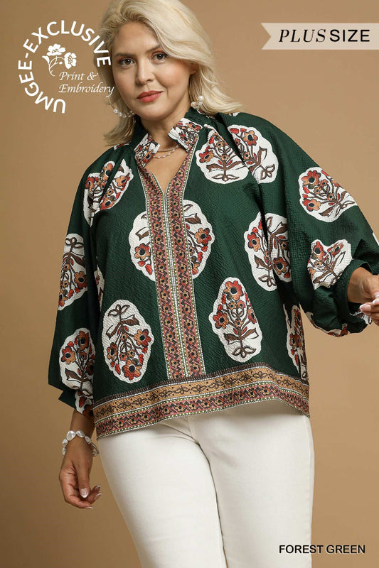 Forest Green Boho Floral Print Tunic Top