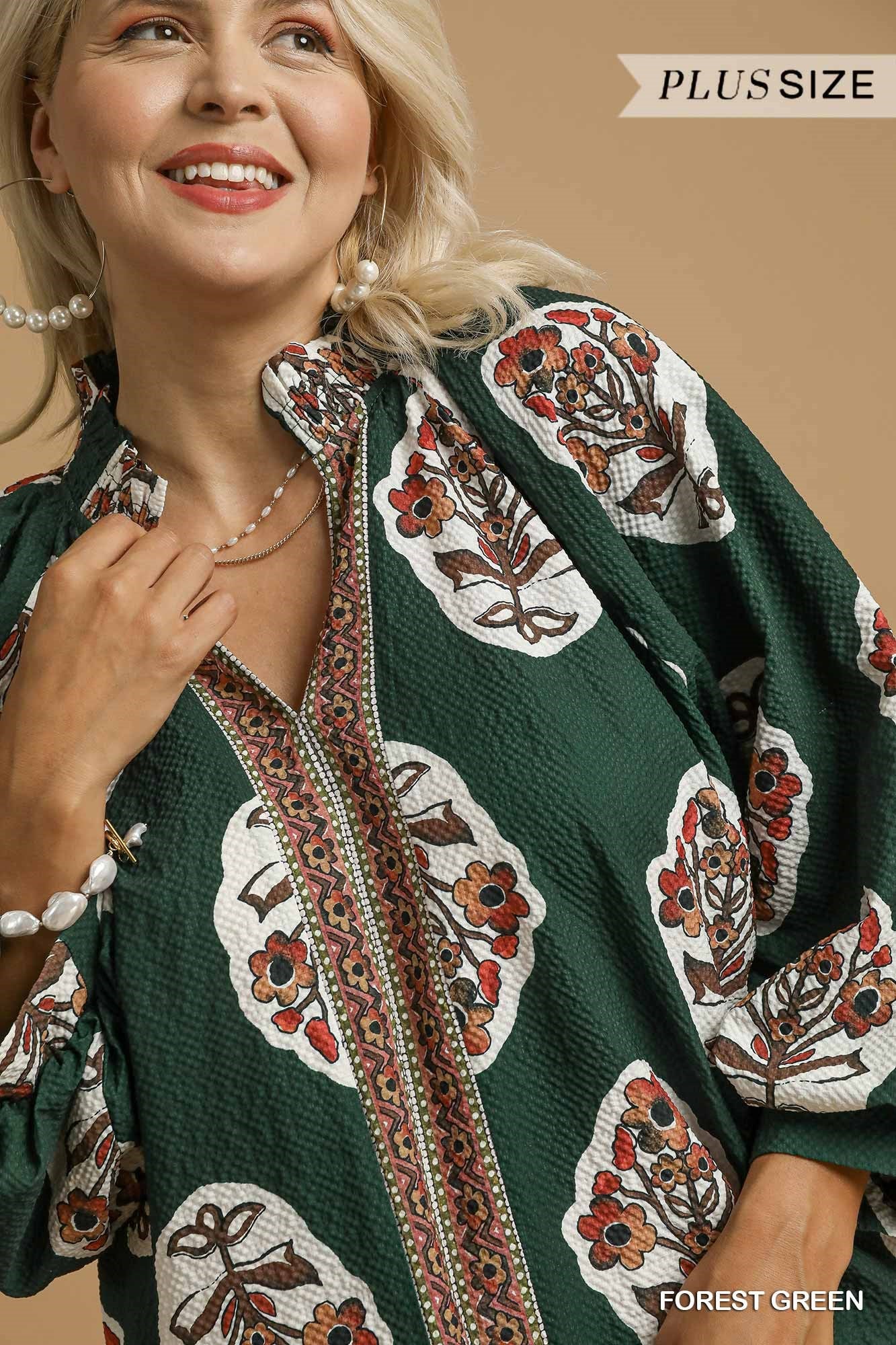 Forest Green Boho Floral Print Tunic Top