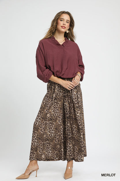 Merlot Ruffle V Neck Blouse