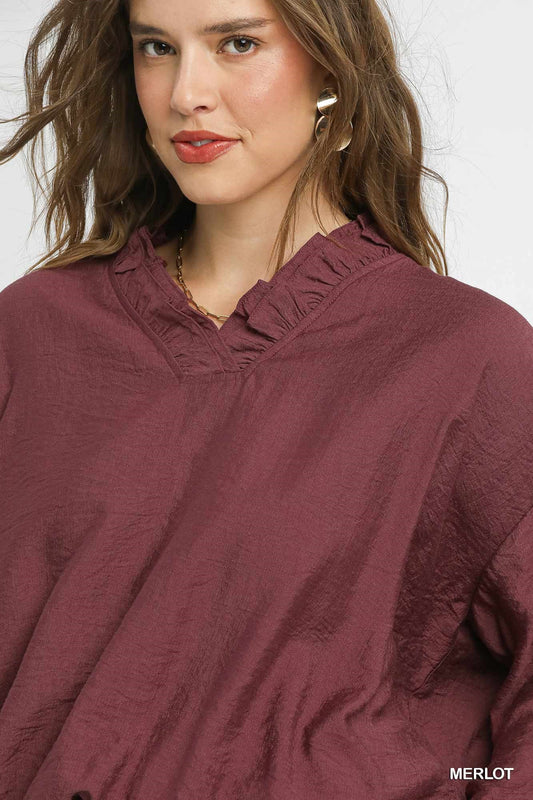 Merlot Ruffle V Neck Blouse