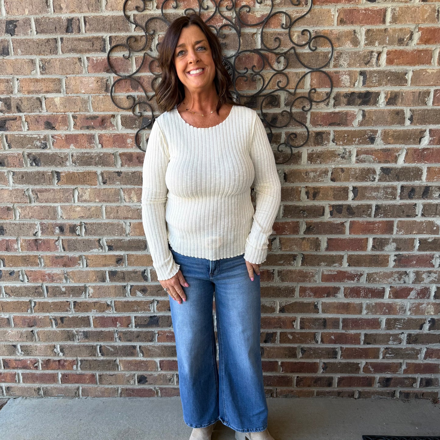 Lettuce Hem LS Ribbed Knit Sweater Top Cream