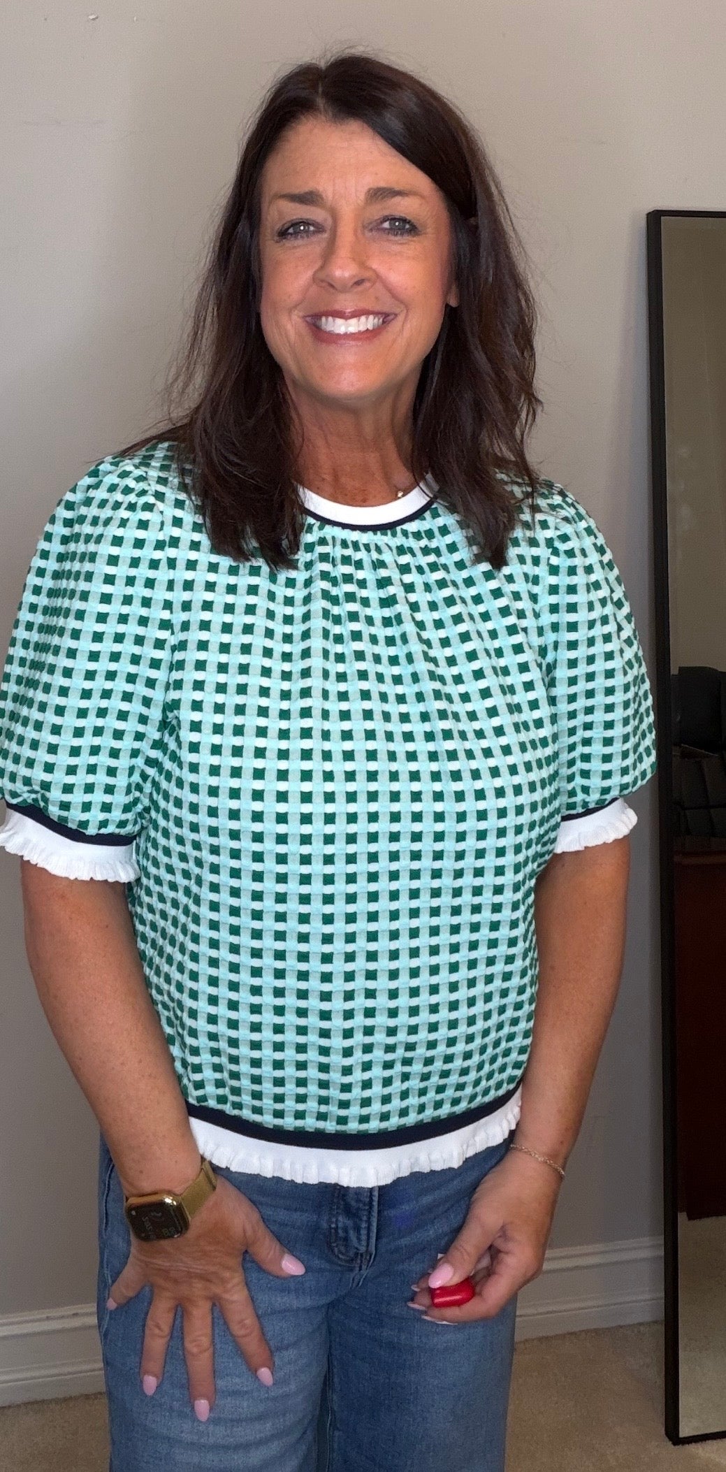 Puff Sleeve Striped Contrast Textured Plaid Knit Top