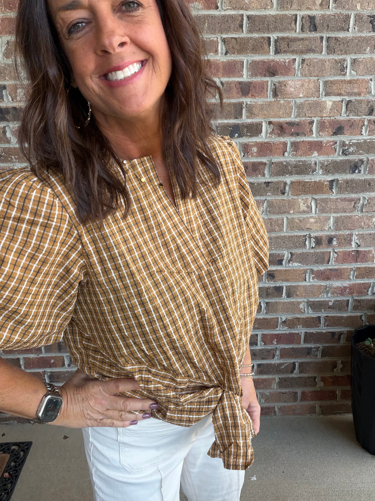 Plaid Tie Front Button Blouse-Soft Camel