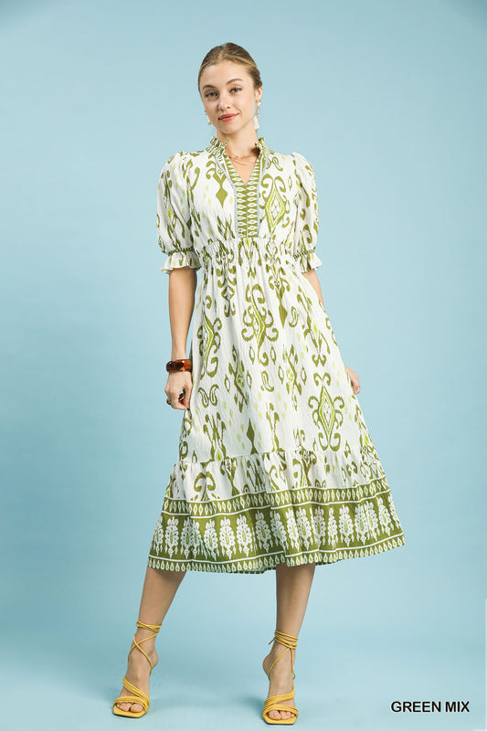 Olive Mix Print Smocked Waist Midi Dress