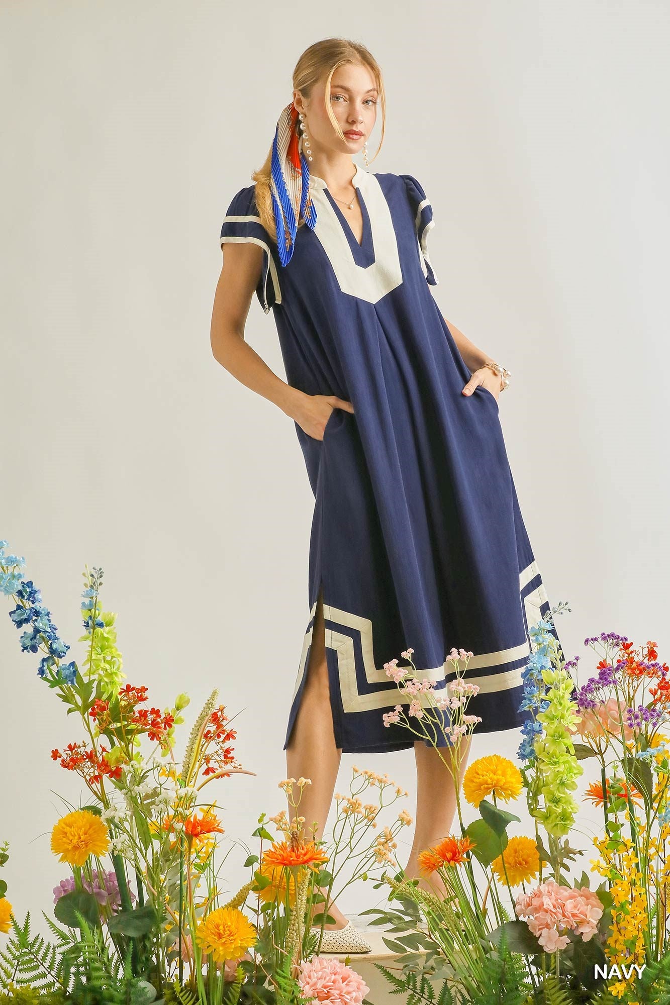 Linen Contrast Navy Midi Dress