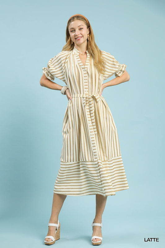 Striped Button Down Midi Dress with belt-Latte