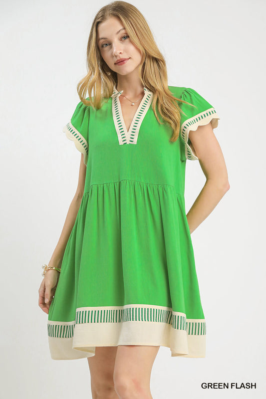 Color Block V Neck Tiered Mini Dress-Green