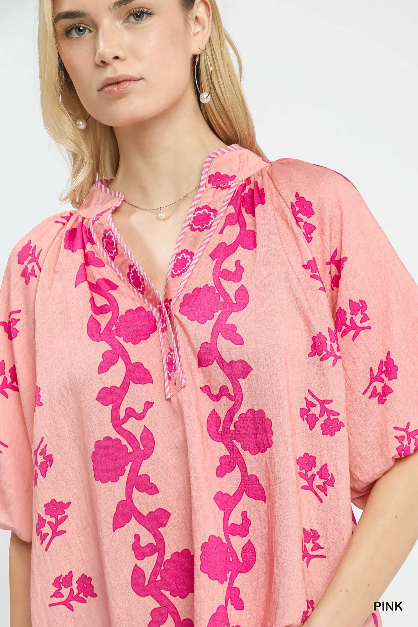 Pink Collared Puff Sleeve Embroidery Print Top
