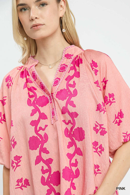 Pink Collared Puff Sleeve Embroidery Print Top