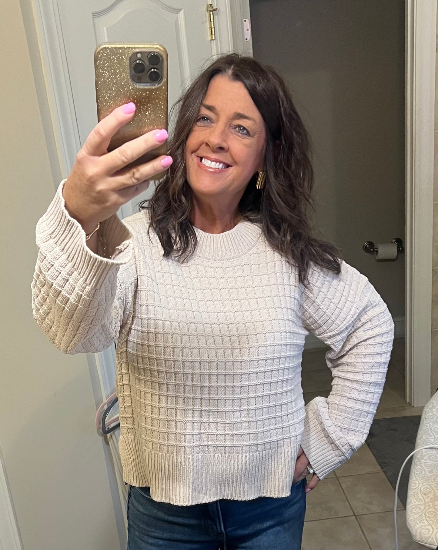 Oversized Textured Solid Casual Knit Sweater Top-Beige