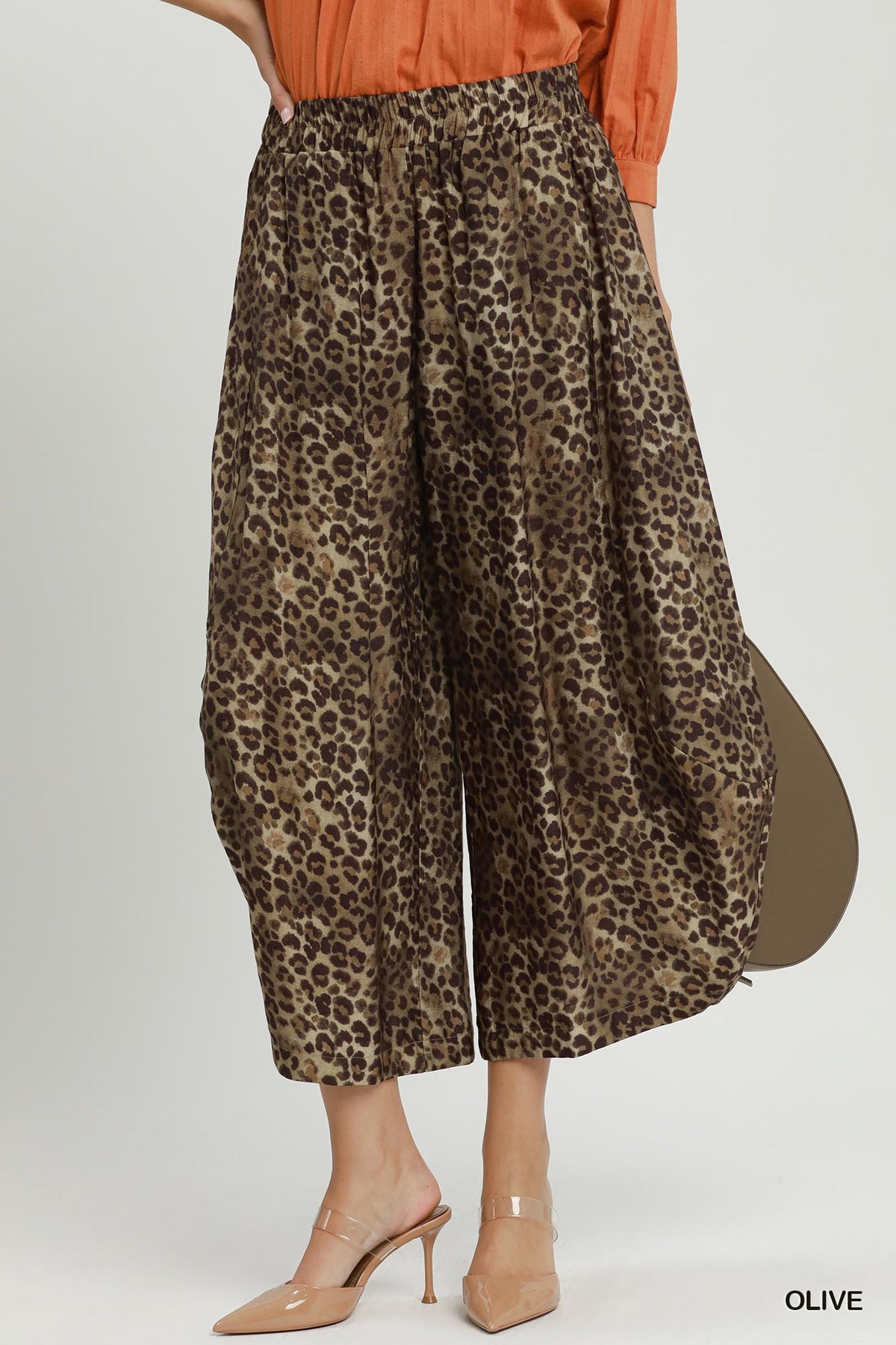 Umgee Leopard Print Pull On Pants-Olive