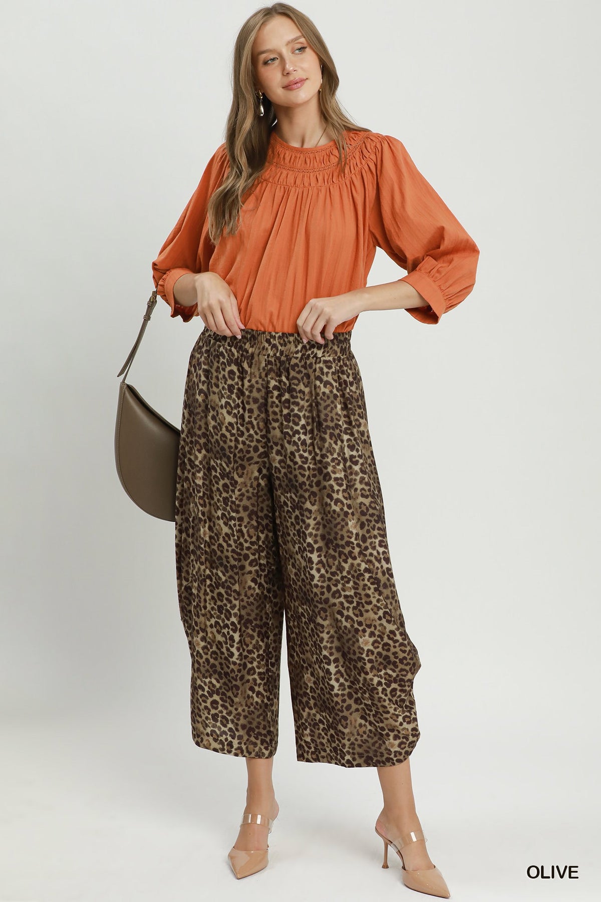 Umgee Leopard Print Pull On Pants-Olive
