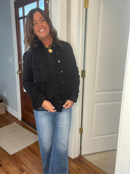 Black LS Distressed Button Down Jacket