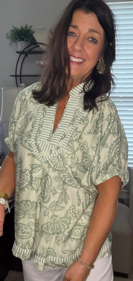 Botanical Print Mix Trim Top Sage