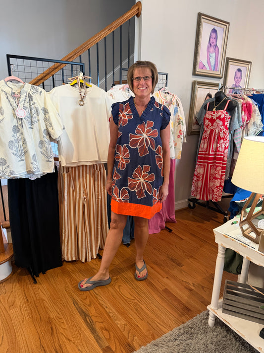 Ruffled V Neck Large Floral Embroidered Dress