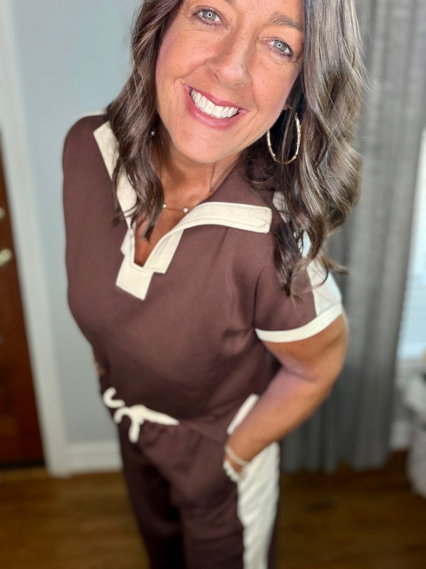 Brown Contrast Stripe Short Sleeve Top with Pants Set