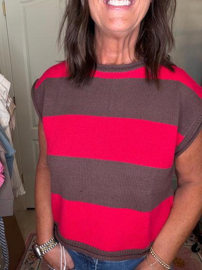 Red & Brown Sleeveless Sweater Top