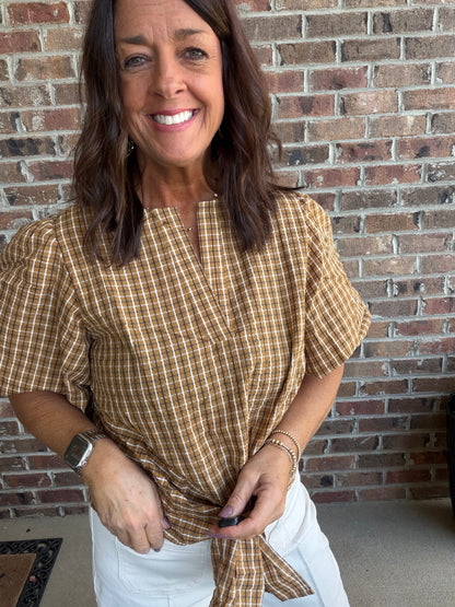 Plaid Tie Front Button Blouse-Soft Camel