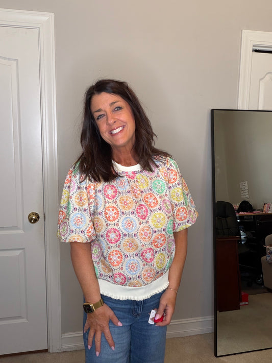 Floral Embroidered Print Bubble Sleeve Top