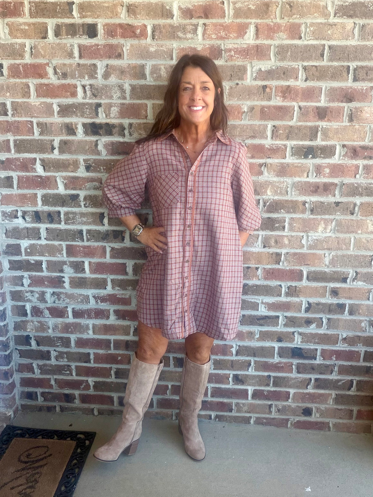 Umgee Plaid Button Down Long Sleeve Dress