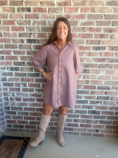 Umgee Plaid Button Down Long Sleeve Dress