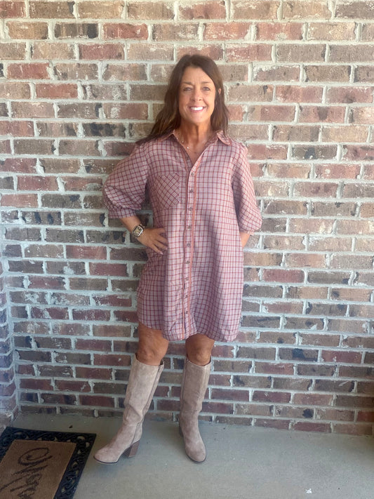 Umgee Plaid Button Down Long Sleeve Dress