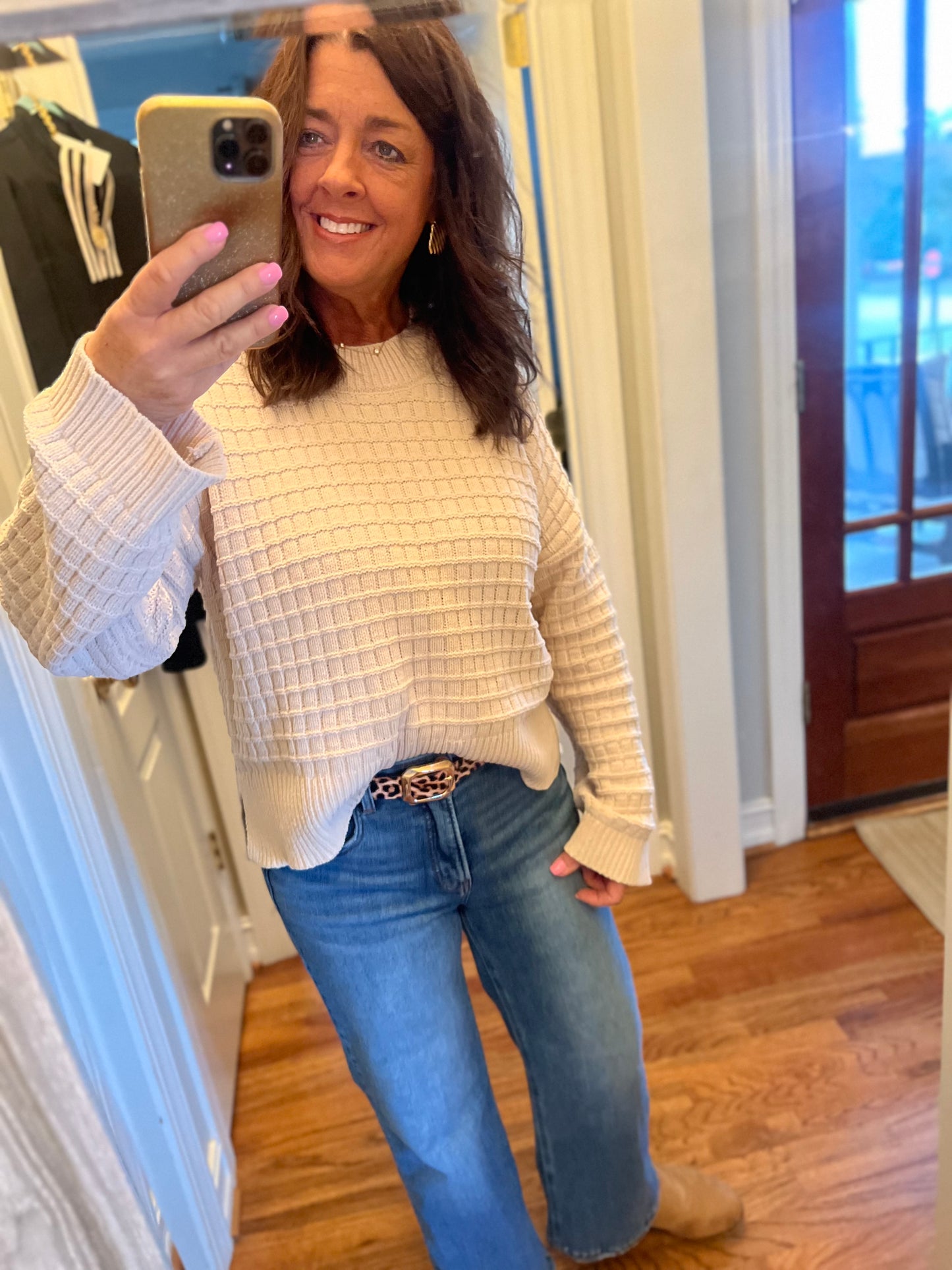 Oversized Textured Solid Casual Knit Sweater Top-Beige