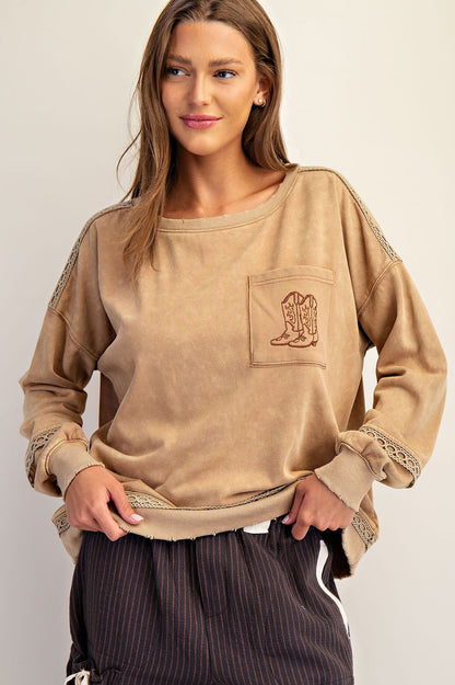 Mineral Washed Boot Motif Long Sleeve Sweatshirt