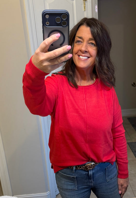 Red Front Seam Round Neck Sweater