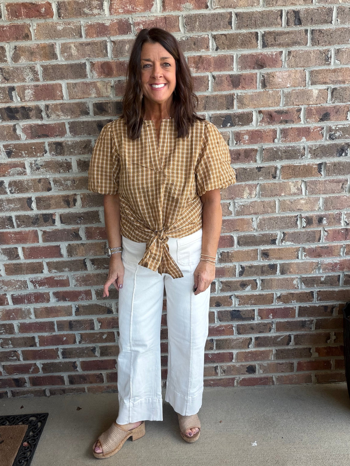 Plaid Tie Front Button Blouse-Soft Camel