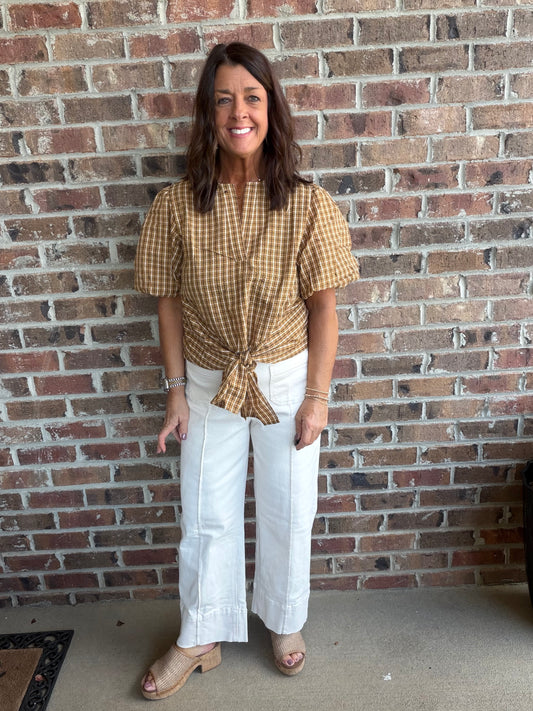 Plaid Tie Front Button Blouse-Soft Camel
