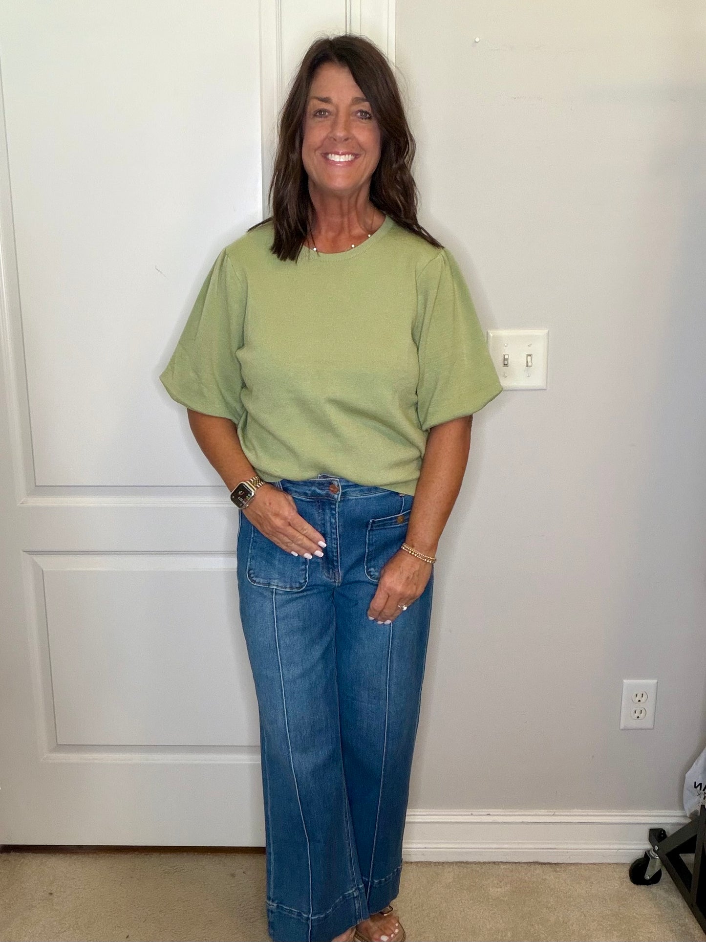 Maryann Solid Olive Knit Bubble Sleeve Top