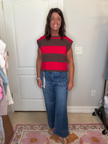 Red & Brown Sleeveless Sweater Top