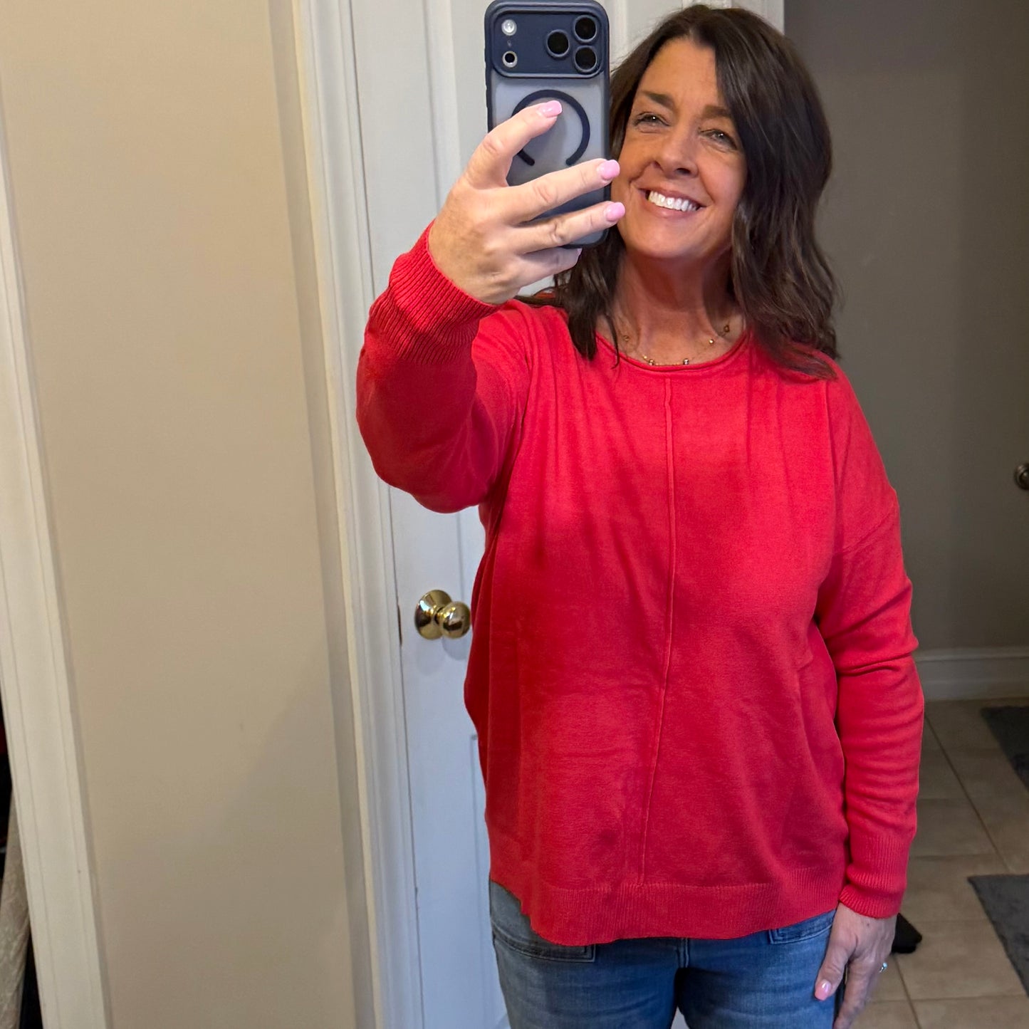 Red Front Seam Round Neck Sweater