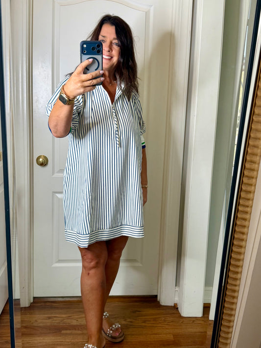 Blue Stripe 1/2 Sleeve Mini Dress