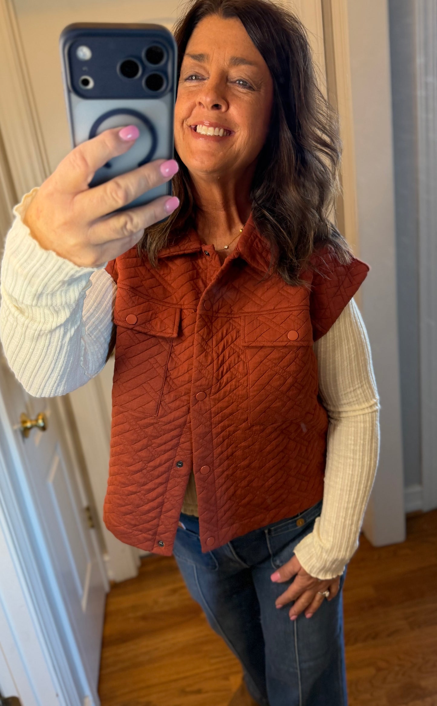 Quilted Front Pocket Vest-Rust