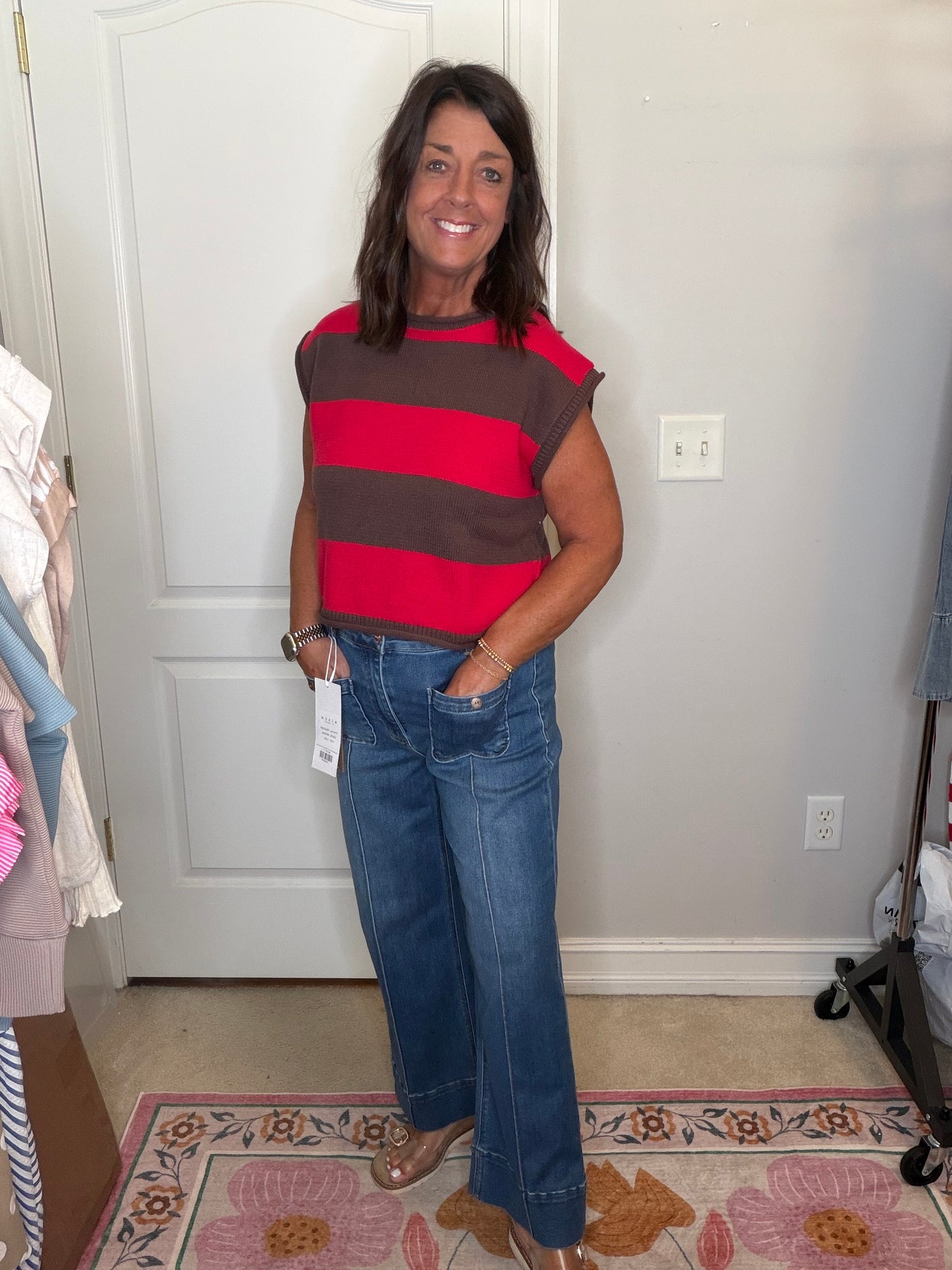Red & Brown Sleeveless Sweater Top