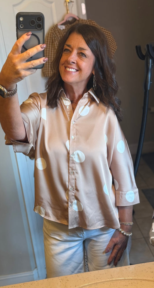 Button Up Polka Dot Top-Latte