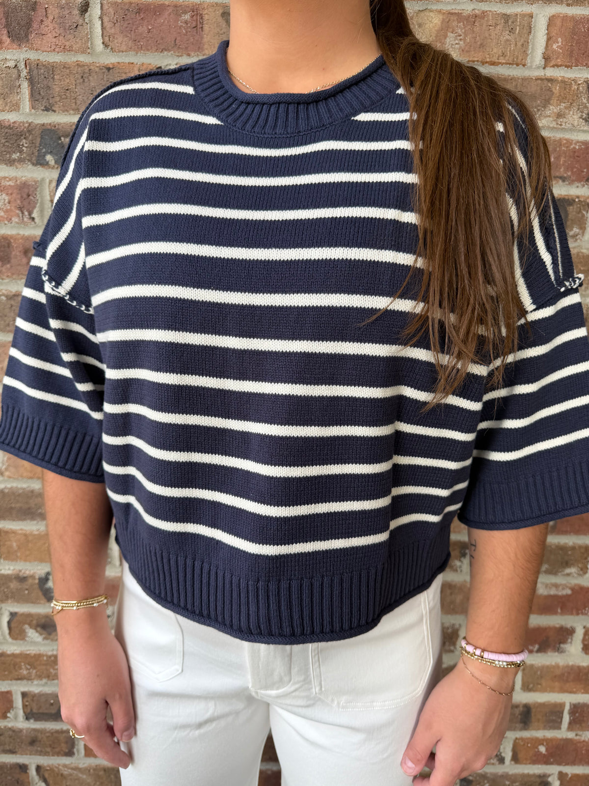 Exposed Seam Drop Shoulder Short Sleeve Top-Navy