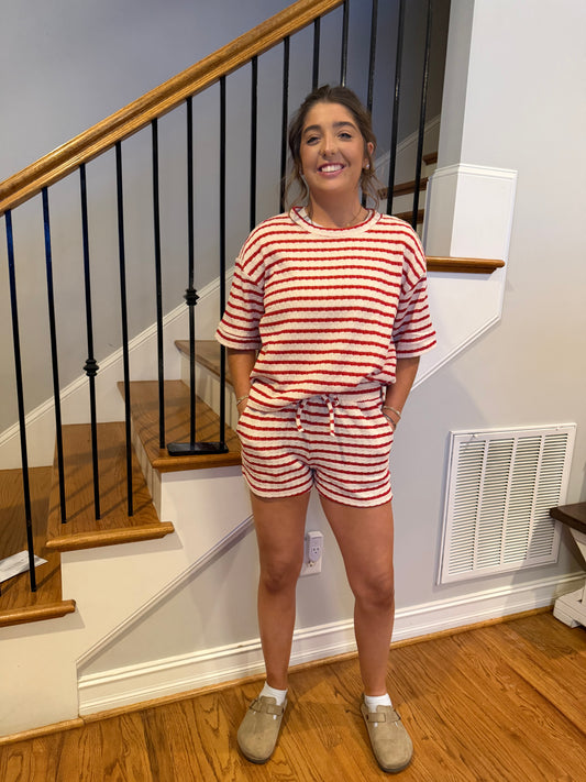 Striped Short Sleeve Top & Shorts Red